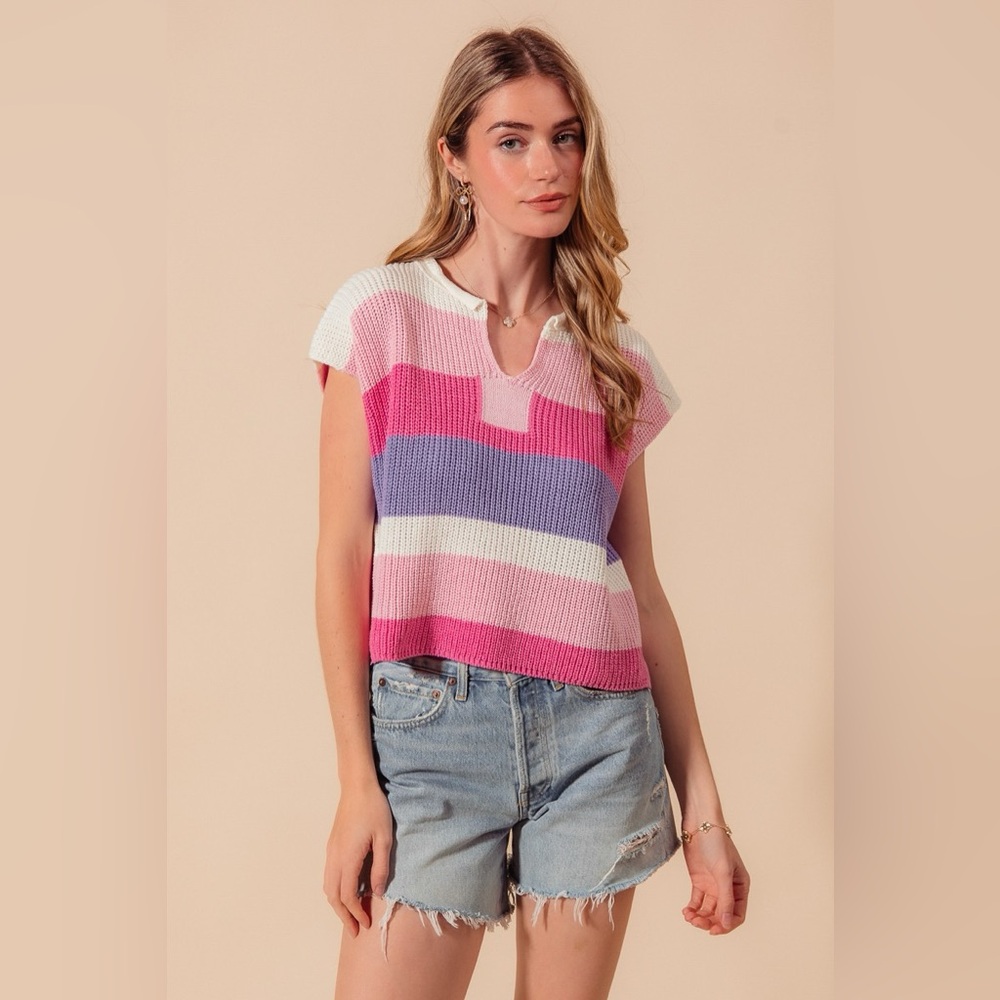 SO ME Multi Color Stripe Loose Fit Cap Sleeve Sweater Top